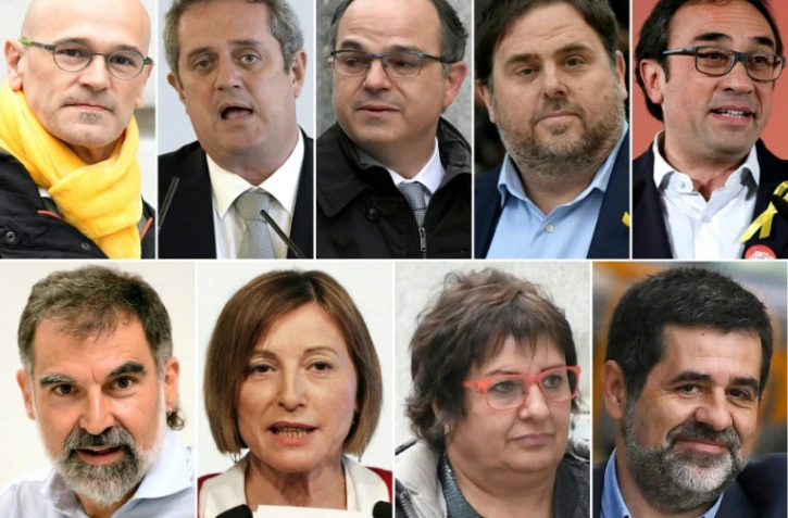 Montage créé le 26 octobre 2018 montrant des dirigeants séparatistes emprisonnés: en haut de G à D Raul Romeva, Joaquim Forn, Jordi Turull, Oriol Junqueras, Josep Rull, en bas de G à D Jordi Cuixart, Carme Forcadell, Dolors Bassa et Jordi Sanchez