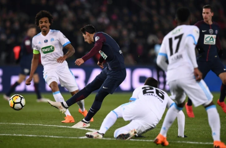 L'Argentin du PSG Angel Di Maria ouvre la marque contre Marseille en quart de finale de la Coupe de France, le 28 février 2018 au Parc des Princes