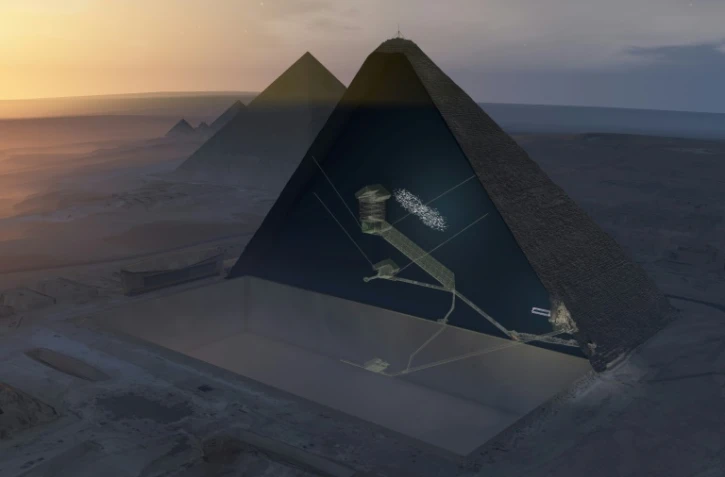 Vue d'artiste en 3D fournie par le projet ScanPyramids le 2 novembre 2017, montrant la cavité découverte au coeur de la pyramide de Khéops en Egypte