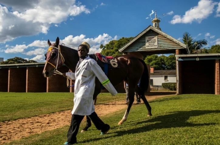 Préparation à la course hippique de la Castle Tankard à Harare, au Zimbabwe, le 6 mai 2017