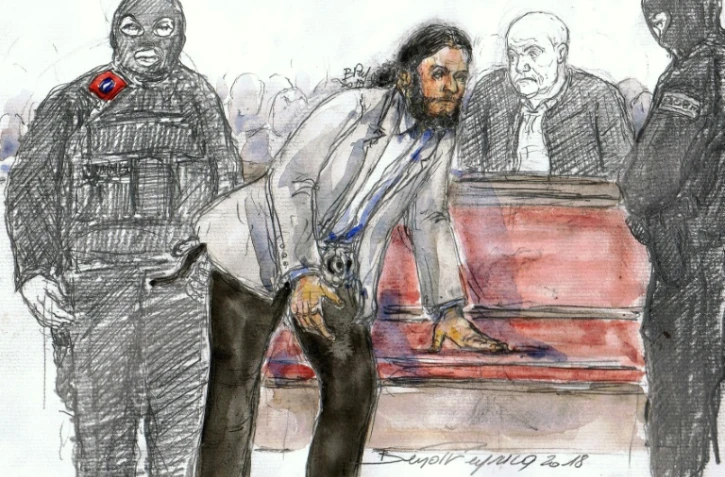 Un croquis d'audience montre Salah Abdeslam, pendant son procès au Palais de Justice de Bruxelles, le 7 février 2018
