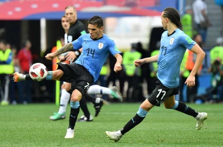 Lucas Torreira (N.14), sous le maillot de l'Uruguay contre la France à Nijni Novgorod, le 6 juillet 2018