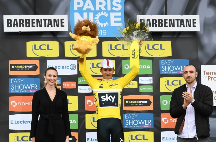 Le Polonais Michal Kwiatkowski nouveau maillot jaune de Paris-Nice à l'issue de la 5e étape à Barbentane, le 14 mars 2019

