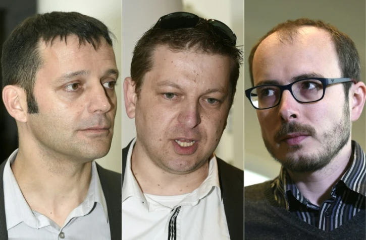 Combinaison de photos du 26 avril 2016 des trois accusés du scandale Luxleaks (de G à D) le journaiste français Edouard Perrin, et les anciens employés de PricewaterhouseCoopers (PwC), Raphael Halet et Antoine Deltour