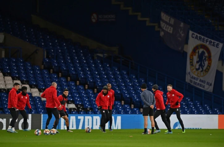 Les joueurs de Lille à l'entraînement à Stamford Bridge, le stade de Chelsea à Londres, le 21 février 2022