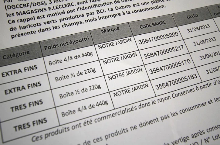 Affiche de rappel de boîtes de haricots verts de la société BCI