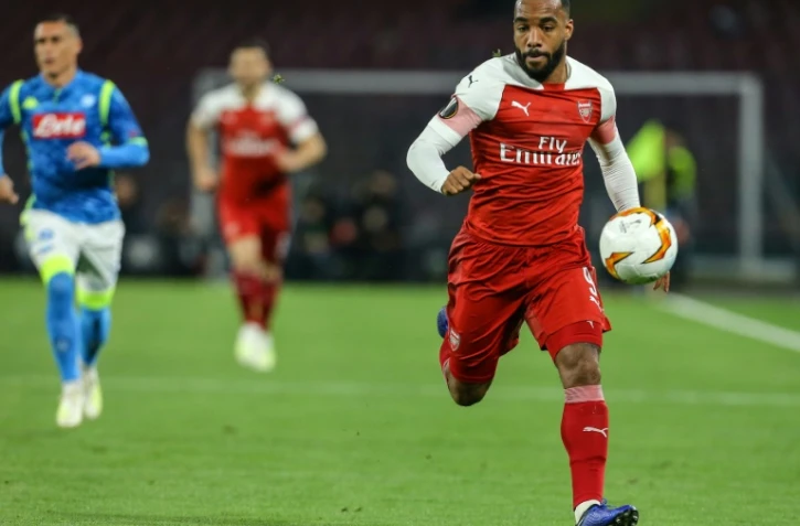 L'attaquant français d'Arsenal Alexandre Lacazette, unique buteur à Naples en quart de finale retour de la Ligue Europa, le 18 avril 2019