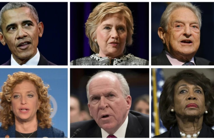 Combinaison créée le 24 octobre 2018 montrant Barack Obama, Hillary Clinton, George Soros, Debbie Wasserman Schultz et Maxine Waters