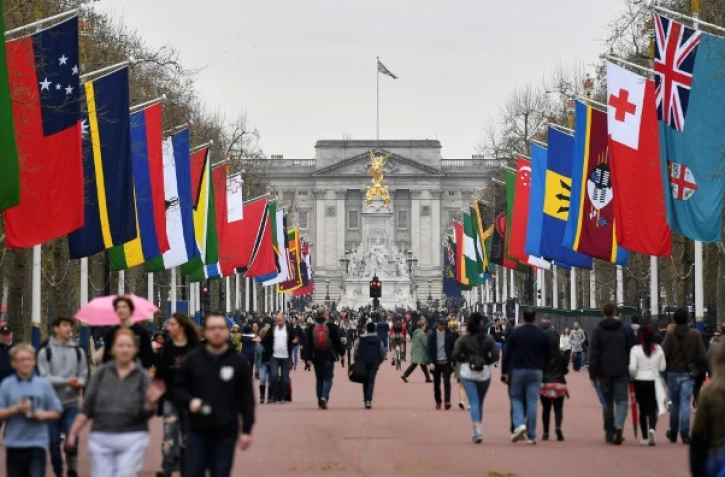 Les drapeaux des pays membres du Commonwealth plantés le long de l'avenue menant à Buckingham Palace, dans le centre de Londres le 15 avril 2018