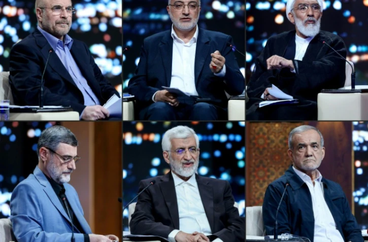 (Ce combo créé le 18 juin 2024 à partir d'images fournies par la République islamique d'Iran montre les candidats à la présidentielle (de g à d) Mohammad Bagher Ghalibaf, Alireza Zakani, Mostafa Pourmohammadi, Masoud Pezeshkian, Saïd Jalili et Amirhossein Ghazizadeh-Hashemi pendant un débat au studio de la télévision d'État à Téhéran, le 17 juin 2024