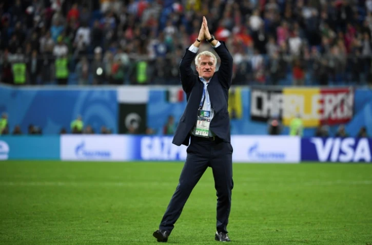 Le sélectionneur Didier Deschamps célèbre la victoire de la France en demi-finale, à Saint-Pétersbourg, le 10 juillet 2018