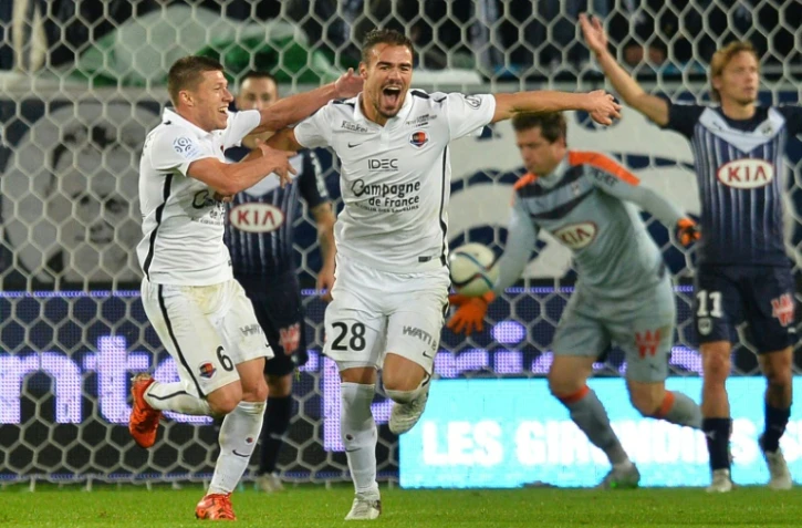 Le Caennais Damien Da Silva (c), auteur d'un doublé face à Bordeaux, le 29 novembre 2015 au Matmut Atlantique