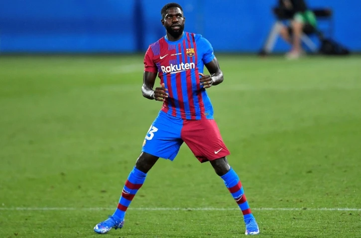 Le défenseur français de Barcelone Samuel Umtiti lors du Trophée Joan Gamper, le 25 août 2022, au stade Johan Cruyff à Sant Joan Despi 