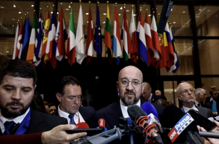 Le président du Conseil européen Charles Michel s'adresse aux journalistes à l'issue d'un sommet des 27 à Bruxelles, le 18 avril 2024