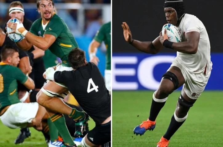 Le Sud-Africain Eben Etzebeth (g) et l'Anglais Maro Itoje (d) lors de matches de poules du Mondial de rugby 2019, dont les équipes s'affronteront en finale à Yokohama le 2 novembre 2019