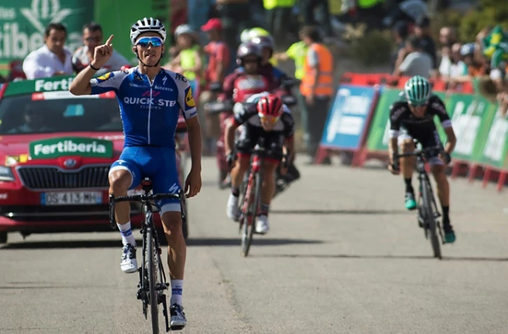 Le Français Julian Alaphilippe après une victoire d'étape pendant la Vuelta, le 26 août 2017 Castalla