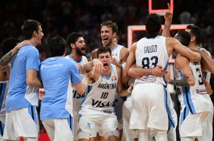 La joie des Argentins, vainqueurs des Français en demi-finales du Mondial, le 13 septembre 2019 à Pékin