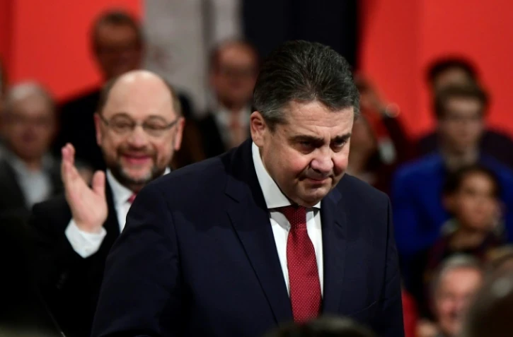 Le chef de la diplomatie allemande Sigmar Gabriel lors d'un meeting du SPD Ă Berlin le 19 mars 2017