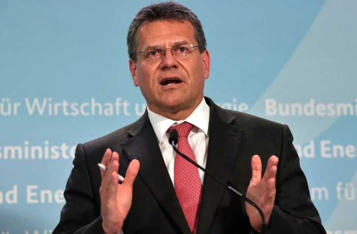 Le vice-président de la Commission européenne Maros Sefcovic, lors d'une conférence de presse à Berlin le 16 avril 2018