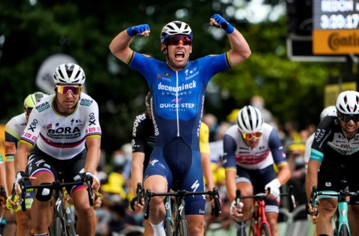 La joie du Britannique Mark Cavendish, vainqueur de la 4e étape du Tour de France, disputée entre Redon et Fougères, le 29 juin 2021