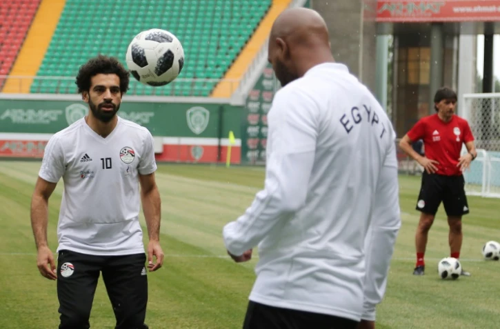 L'attaquant vedette Mohamed Salah à l'entraînement au camp de base de Grozny, le 16 juin 2018 au lendemain du premier match de l'Egypte en Coupe du monde