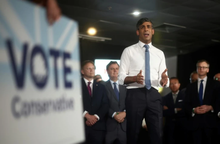 Le Premier ministre britannique et chef du parti conservateur, Rishi Sunak, lors d'un meeting de campagne à l'ExCeL, le 22 mai 2024 à Londres