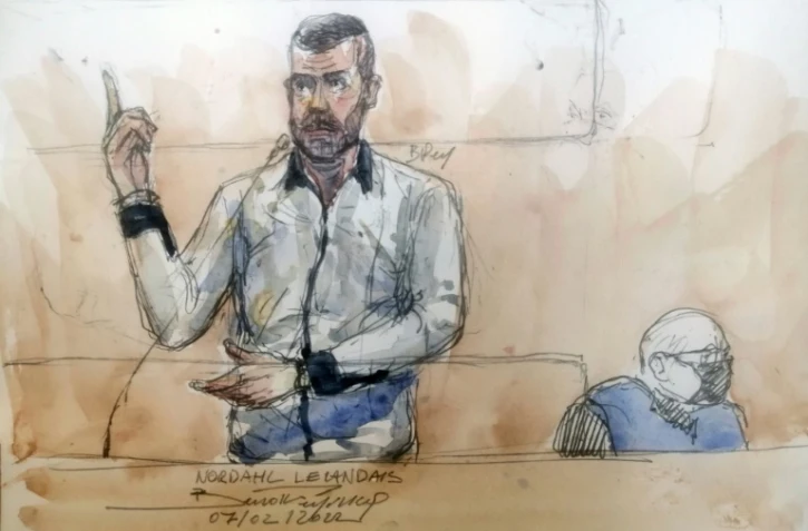 Croquis d'audience du 7 février 2022 de Nordahl Lelandais pendant son procès pour le meurtre de Maëlys de Araujo à la cour d'assises de Grenoble