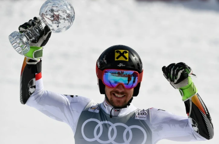 L'Autrichien Marcel Hirscher remportant le Géant des finales de la Coupe du monde de ski alpin à Are (Suède), le 17 mars 2018  