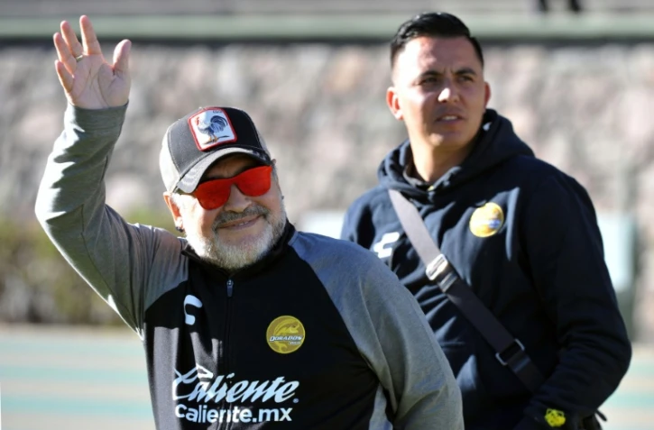 L'entraîneur argentin de l'équipe mexicaine de 2e division Dorados de Sinaloa, Diego Armando Maradona, au stade Universitario Alberto "Chivo" Cordova, à Toluca, au Mexique, le 26 janvier 2019