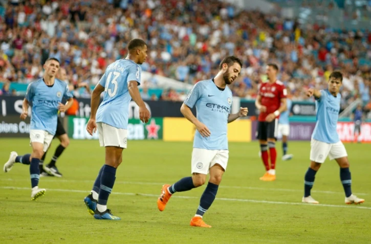 Manchester City tombeur du Bayern Munich, grâce notamment à un doublé Bernardo Silva (c), lors du match de pré-saison disputé à Miami, le 28 juillet 2018 