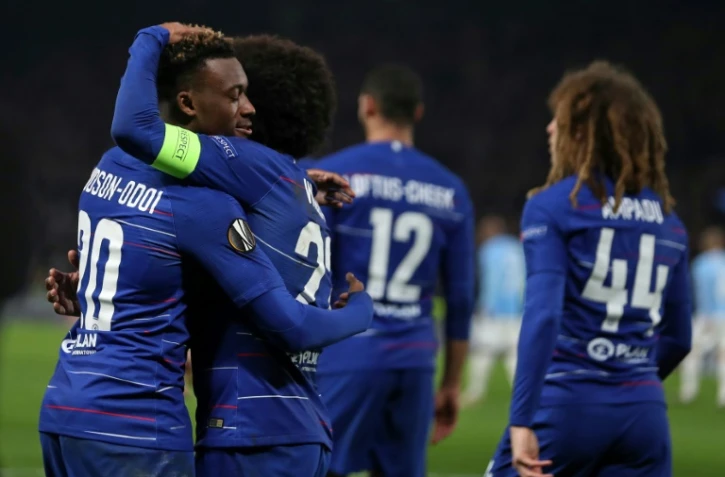 Les joueurs de Chelsea se congratulent après un but contre Malmö en C3 à Stamford Bridge, le 21 février 2019  