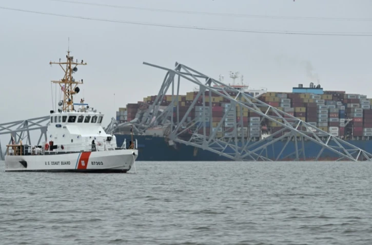 Les restes du pont Francis Scott Key le 27 mars 2024 après son effondrement, à Baltimore aux Etats-Unis