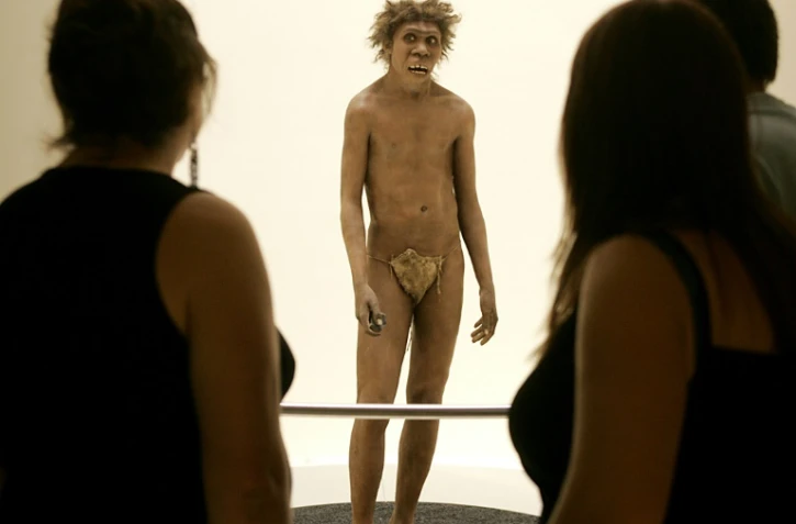 Des visiteurs observent la représentation d'un homme de Néandertal, le 19 juillet 2004 au musée national de la Préhistoire des Eyzies-de-Tayac, près de la grotte de Lascaux