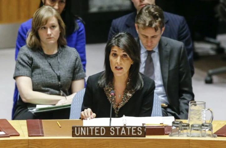 L'ambassadrice des Etats-Unis à l'ONU Nikki Haley devant le Conseil de sécurité des Nations unies, le 18 décembre 2017 à New York