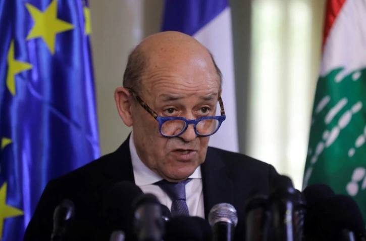 Jean-Yves Le Drian le ministre français des Affaires étrangères lors d'une conférence de presse à Beyrouth, le 23 juillet 2020