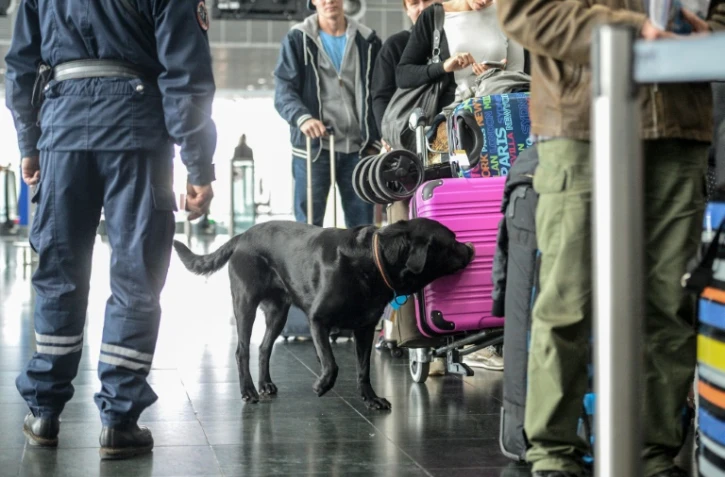 Un douanier patrouille avec Goran, chien renifleur de billets, à l'aéroport de Mulhouse, le 10 octobre 2017