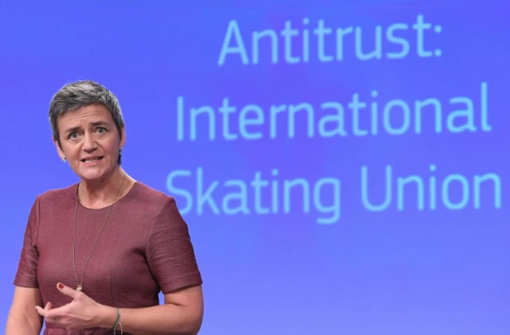 Margrethe Vestager de la Commission européenne lors d'une conférence de presse à propos des règles de l'ISU, le 8 décembre 2017 à Bruxelles