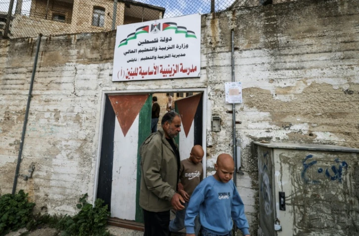 Les jumeaux Ahmad (d) et Mohammad, accompagnés par leur père Ibrahim al-Hajj, sortent de leur école à Naplouse, le 10 février 2026 en Cisjordanie occupée