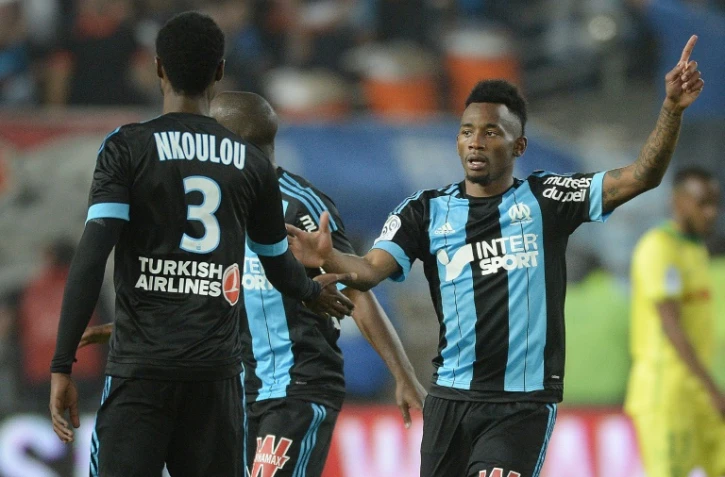 Le milieu de terrain de l'OM  Georges-Kévin Nkoudou (d), buteur contre Nantes en Ligue 1, le 1er novembre 2015 à la Beaujoire