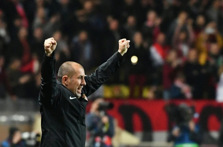 L'entraîneur de Monaco Leonardo en liesse après la victoire contre Manchester City en Ligue des champions au stade Louis II, le 15 mars 2017