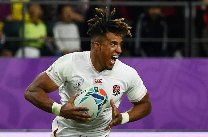L'ailier anglais Anthony Watson marque un essai contre l'Australie en quart de finale de la Coupe du monde, le 19 octobre 2019 Ă Oita (Japon)