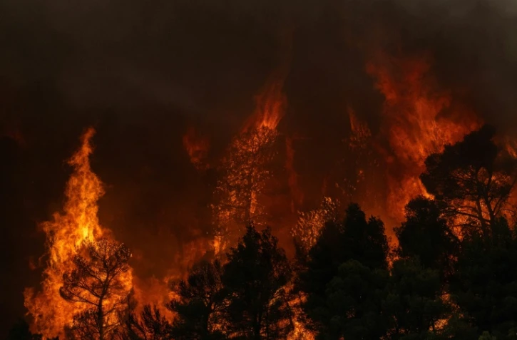 La fumée d’un incendie de forêt s’élevant tandis que les flammes brûlent les arbres et la végétation dans la région de Porto Germeno, le 1er août 2026