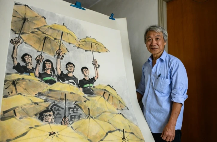 Un dessin de l'artiste hongkongais Fong So évoquant le Mouvement des parapluies en 2014, dans son studio à Hong Kong le 25 septembre 2018