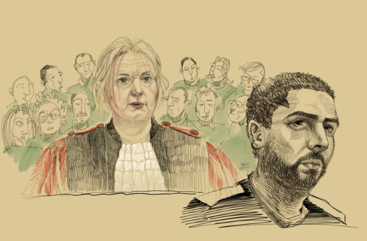 Croquis de la présidente de la cour d'assises de Bruxelles, Laurence Massart (g), et de Mehdi Nemmouche, dessiné lors de l'audience du 3 mars 2019 à Bruxelles