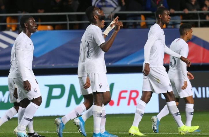 L'attaquant de l'équipe de France espoirs Odsonne Edouard (c) auteur d'un doublé lors de la victoire 3-1 sur la République tchèque en match amical à Troyes le 9 septembre 2019