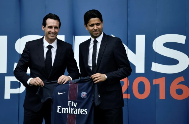 Le président du PSG Nasser Al-Khelaïfi lors de la présentation du nouvel entraîneur du club Unai Emery, le 4 juillet 2016 au Parc des Princes