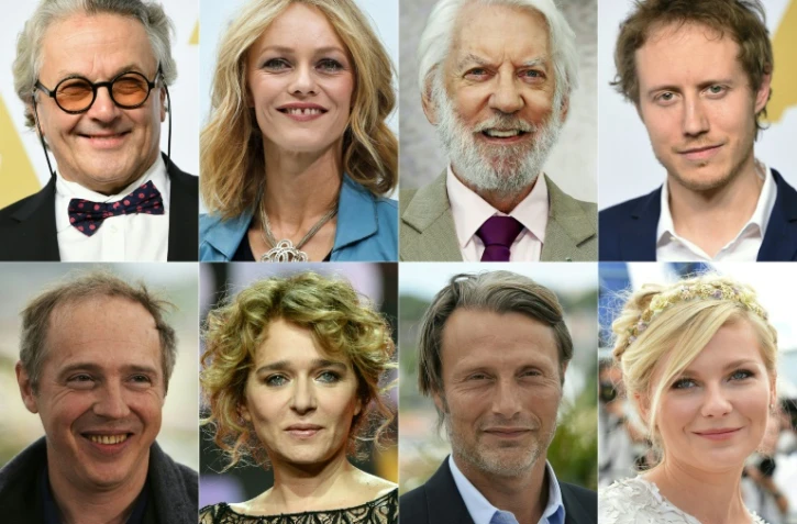 Photo montage avec certains des des membres du jury de Cannes (de haut en bas de G à D): Geroge Miller, Vanessa Paradis, Donald Sutherland, Lazlo Nemes, Arnaud Desplechin, Valeria Golino, Mads Mikkelsen, Kirsten Dunst