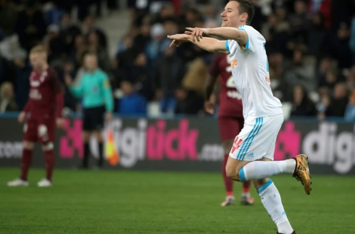 L'attaquant de Marseille Florian Thauvin vient de marquer l'un de ses trois buts contre Metz en championnat, le 2 février 2018 au stade Vélodrome