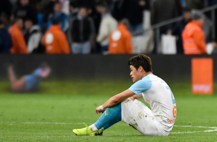 Le défenseur japonais de Marseille Hiroki Sakai dépité après la défaite contre Nantes en championnat, le 28 avril 2019 au Stade Vélodrome