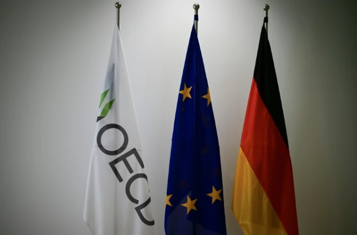 Les drapeaux de l'OCDE, de l'UE et de l'Allemagne, le 12 juin 2025, Ă Berlin
